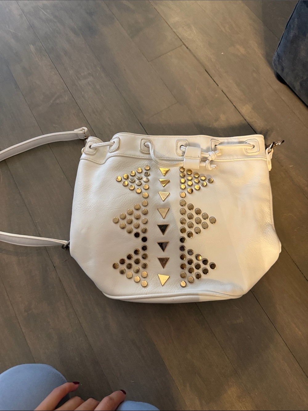 White Shoulder bucket Bag with Gold Stud Accents